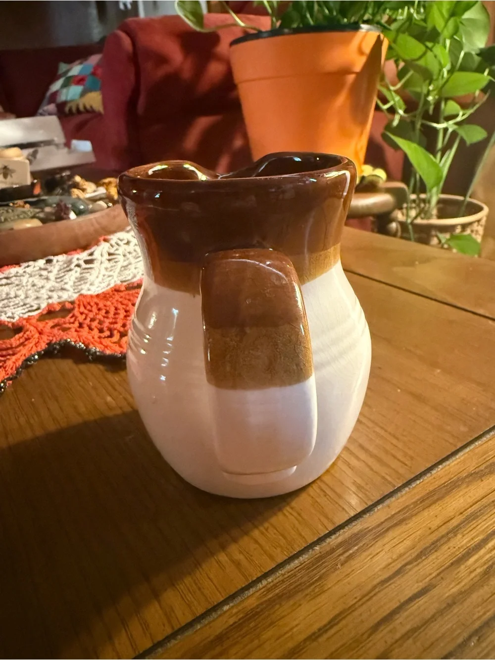 Vintage Brown & Cream Stoneware Pitcher Crazed Glaze Farmhouse Pottery